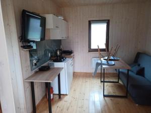 a living room with a tv and a couch and a kitchen at Domek całoroczny in Buda Ruska