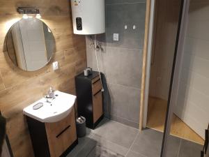 a bathroom with a sink and a mirror at Domek całoroczny in Buda Ruska +15 photos