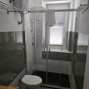 une salle de bain avec toilettes et douche en verre dans l'établissement Via Genova, à La Caletta 7 autres photos