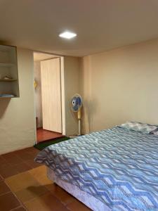 a bedroom with a bed and a fan next to a door at Recanto Verde in Conceição dos Ouros