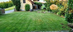 a yard with green grass and a house at Villa Nives, wine region Jeruzalem in Ivanjkovci