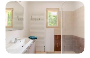 a white bathroom with a sink and a shower at Hôtel Thiron Gardais in Thiron-Gardais