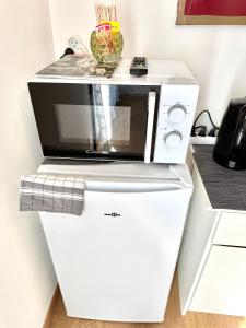 a microwave oven sitting on top of a white refrigerator at Studio Cosy - CLIM & Parking & WIFI in Aucamville +7 photos