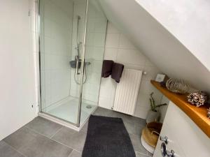 y baño con ducha con cabina de ducha de cristal. en Auszeitwohnung, en Lage 23 fotos más