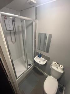 a bathroom with a shower and a toilet and a sink at St Georges Hotel in Hull