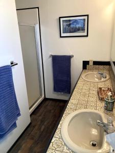 un bagno con lavandino e specchio di Vineyard and winery guest house 