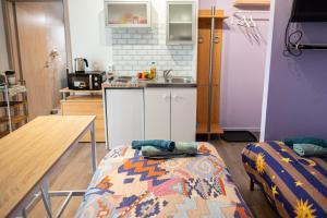 a small kitchen with a bed in a room at Cozy compact studio France in Saint-Louis