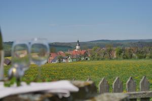 a fence with a field of flowers and a church at Holländermühle Tultewitz 
