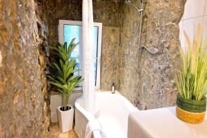 bagno con vasca e doccia con piante di Rost Apartments - Laufen a Laufen