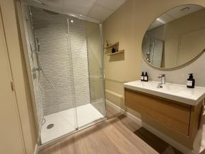 un baño con ducha y lavabo en Suite du Spa 3 - Parking Privé Gratuit, en Reims