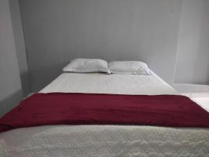 a bed with two pillows and a red blanket on it at Casa no Centro da Cidade ao lado dos hospitais in Vitória da Conquista