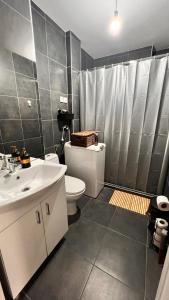 ein Badezimmer mit Toilette, Waschbecken und Dusche in der Unterkunft MG in Žepče + 21 Fotos