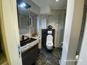 un baño con inodoro y lavabo en Apartman M, en Belgrado 16 fotos más