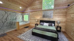 a bedroom with a bed and a shower and a tub at Ultimate Couples Retreat w Fenced Yard for Pet in Cleveland