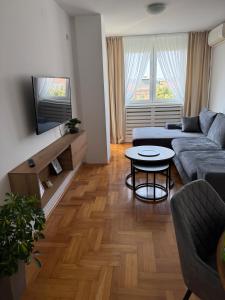 a living room with a couch and a table at DarViva Apartment Niš, center, private garage parking, river view in Niš +22 photos
