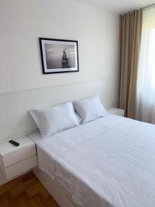 a bedroom with a white bed and a picture on the wall at DarViva Apartment Niš, center, private garage parking, river view in Niš