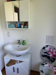 a bathroom with a sink and a mirror and a toilet at Charmantes Feriennest vor Seßlachs Stadtmauer im lebendigen Familienhaus in Seßlach