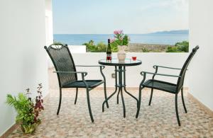 a table with two chairs and a bottle of wine at Anastasia Studios in Avlemonas