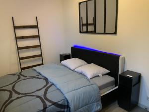 a bedroom with a bed and a mirror on the wall at Grand T3 Wifi 2 chambres 82m2 centre Foix stationnement devant le logement in Foix