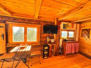 a room with a television in a wooden cabin at Koliba Dobro drvo Off-Grid Cabin Zlatibor in Zlatibor