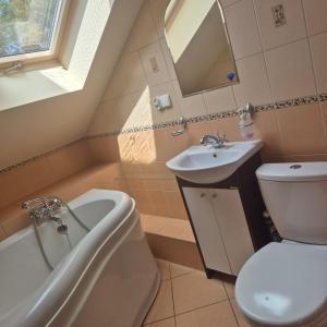 a bathroom with a sink and a toilet and a tub at Apartament GRZEŚ in Wielen Zaobrzanski