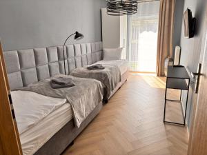 Ένα ή περισσότερα κρεβάτια σε δωμάτιο στο APARTAMENT CEGLANA 55, przy szpitalu okulistycznym, darmowe miejsce w garażu podziemnym, udogodnienia dla niepełnosprawnych