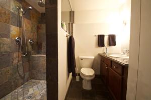 a bathroom with a toilet and a shower and a sink at Amazing Penthouse Skyline Views! in Chicago +26 photos