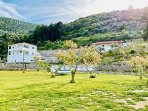 a field with trees and a house in the background at Seacret too in Samos