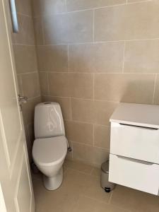 a bathroom with a toilet and a tiled wall at Bøtø strand ferielejlighed 7 in Marielyst