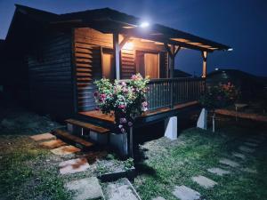 a wooden cabin with a porch at night with flowers at La Ograda - Cheile Turzii, near Turda in Sănduleşti