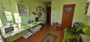 a living room with green walls and a microwave at Willa Miruna w Grzybowie in Grzybowo