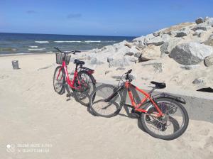 two bikes parked on the beach near the ocean at Paloma in Kołczewo