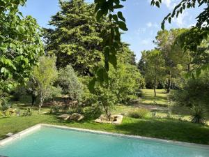 a swimming pool in a yard with trees at Charmant Studio indépendant in Vézénobres
