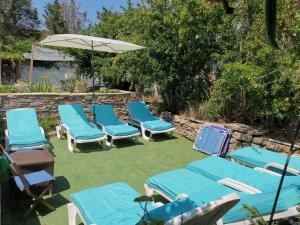 a group of blue lounge chairs and an umbrella at Mas de Gaussel in Cabrières