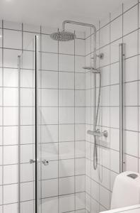 a shower with a glass door and a toilet in a bathroom at Cozy apartment in centrum in Oslo