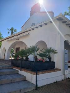 un edificio bianco con palme sulla facciata di Habitaciones Santa María Magdalena a Moncófar Altre 27 foto