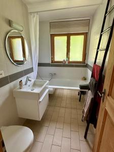 um banheiro com banheira, pia e espelho em Charmant appartement en montagne à Champery em Champéry