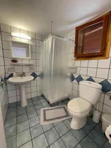 a bathroom with a toilet and a shower and a sink at Adult Only - Hotel Suzanna in Achladies