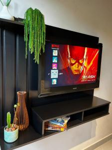 Ein Fernseher steht auf einem schwarzen Entertainment-Center. in der Unterkunft Loft Refúgio in Angra dos Reis