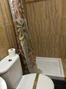 Un baño con inodoro y cortina de ducha. en Pensión LF - No Fumadores - Habitaciones Con Baño Privado - Sin Ascensor, en Zaragoza 3 fotos más