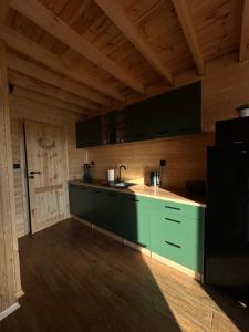 a kitchen with green cabinets and a wooden ceiling at Stodoła Sople 2 - domek z balią i sauną in Sople