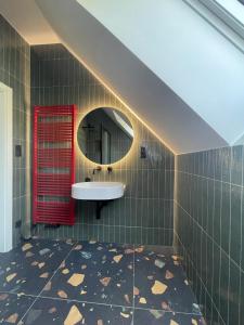 ein Badezimmer mit Waschbecken und Spiegel in der Unterkunft Na Zátoni in Větřní