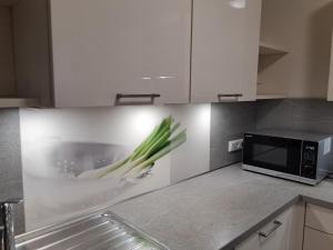 a kitchen with a microwave and a bunch of onions at FeWo21 Ferienwohnung im schönen Münsterland in Lüdinghausen