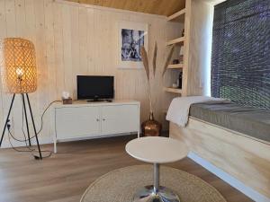 a bedroom with a bed and a desk with a television at Tiny House Drents-Friese Wold in Hoogersmilde