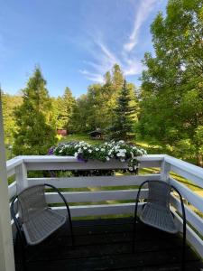 two chairs sitting on a white fence with flowers at Tooraku Turismitalu in Pusku