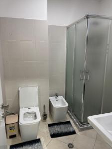 a bathroom with a shower and a toilet and a sink at Eriksens Apartment in Pogradec