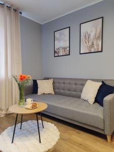 a living room with a couch and a table at Kosmonaudi Apartment in Narva