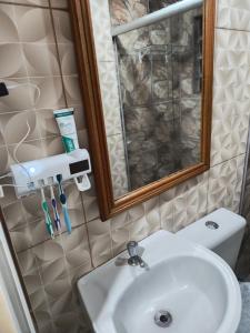 a bathroom with a sink and a mirror at Flores da vovó in Campos do Jordão +19 photos