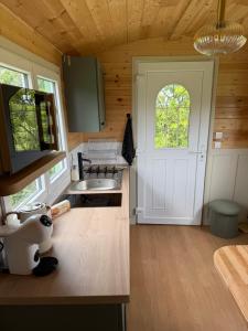 a kitchen with a white door and a sink at La Roulotte de Ville Chérel in Pontorson