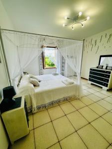 a bedroom with a canopy bed and a window at Blackland- Shabby Tuscany House in Colle Val D'Elsa